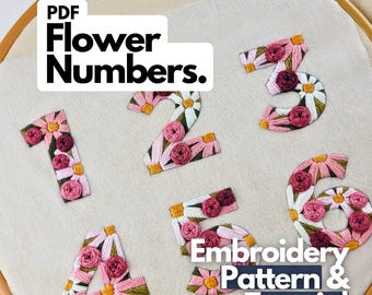 Patrón de bordado en PDF "Números de flores" más "+", "=","/" incl. Instrucciones en inglés y alemán para crear bordados personalizados.