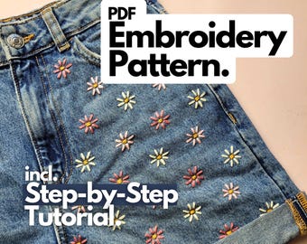 Schemi di ricamo in PDF "Fiori di margherita" con istruzioni dettagliate (inglese e tedesco) per il download digitale