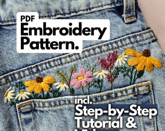 PDF Embroidery Pattern "Flower Pocket" incl. Step-by-Step Instructions (English and German) for digital Download and Video Tutorials