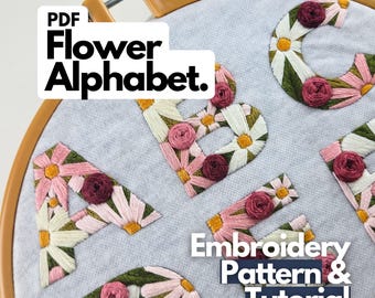 PDF Embroidery Pattern "Flower Alphabet (all 26 Letters!)" incl.  Instructions in English and German to create customized Embroidery