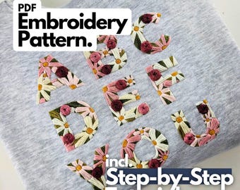 Schema e tutorial per ricamo in PDF "ABC_DEF_YOU" con istruzioni dettagliate (in inglese e tedesco) e tutorial video