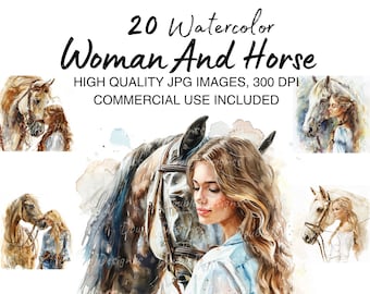 20 Woman And Horse Clipart, Floral Horses, Printable Watercolor clipart, High Quality JPGs, Digital download, Sublimation, junk journals