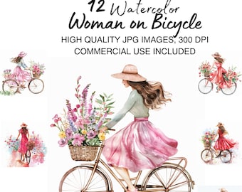 12 Watercolor Woman on Bicycle Clipart - Elegant Floral Ride, Vintage Cycling Illustration, Romantic Travel PNG for Digital and Print Use