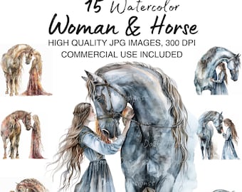 15 Woman And Horse Clipart, Floral Horses, Printable Watercolor clipart, High Quality JPGs, Digital download, Sublimation, junk journals