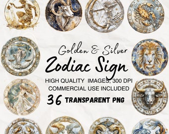 May include: Set of 12 gold and silver zodiac signs, each featuring a different astrological symbol. The signs are depicted in a watercolor style with intricate details and a celestial background. The text "Golden & Silver Zodiac Sign" is displayed above the signs, along with the text "HIGH QUALITY IMAGES, 300 DPI COMMERCIAL USE INCLUDED 36 TRANSPARENT PNG".