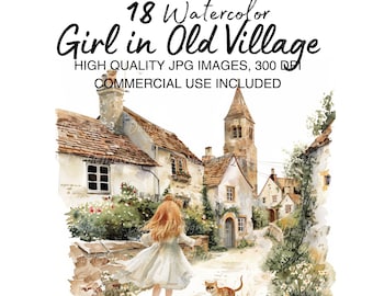 Girl in Old British Village , Clipart Bundle 18 High Quality Watercolor JPGs- Journaling, Scrapbook Supply, Digital Download, Commercial use