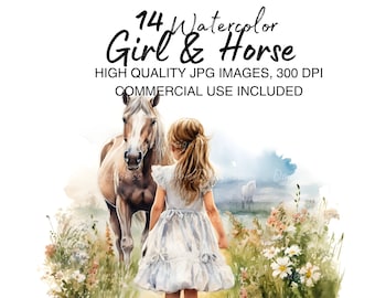 Girl and Horse Clipart Set | 12 Watercolor Pastoral Prints + Rustic Digital Scrapbook Pages, Junk Journal Art, Country Scene JPGs
