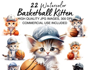 Watercolor Citten basketball player Clipart, Cat basketball player Illustrations, Instant Download For Commercial Use