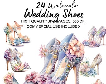 Wedding Shoes and Flowers Watercolor Clipart JPG, Glamour Junk Journaling, Watercolor Card Making, Commercial Use, Digital Instant Download