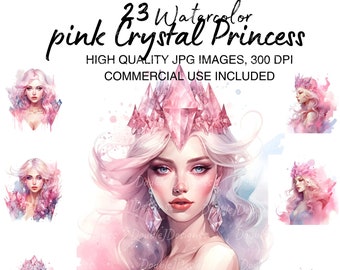 Princess Portrait Watercolor Clipart, JPGs Clipart, Pretty Girls Clipart, Fantasy illustration, Pink Clipart, Paper craft, Junk Journal