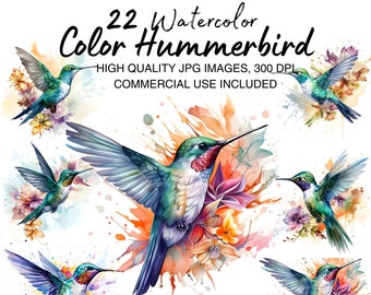 22 Color Hummingbird Clipart , Adorable Colibri, Printable Watercolor clipart, High Quality JPG, Digital download, Paper craft, junk journal