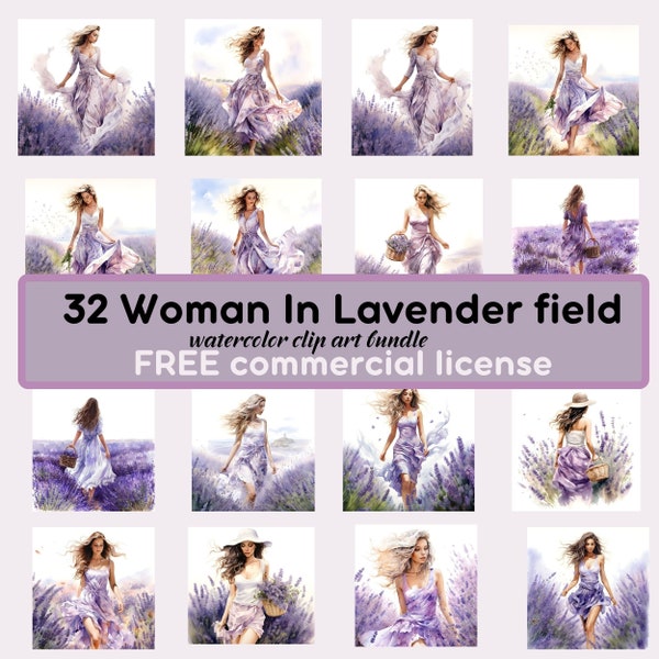 32 Woman In Lavender field Clipart, Printable Watercolor clipart, wall decor,High Quality JPGs, Digital download, Paper craft, junk journal