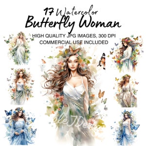 Clipart donna fiore farfalla acquerello, ragazza primavera, clipart fiori ragazza, clipart ragazza moda, arte illustrazione ragazza, ragazze estive JPG