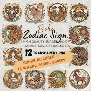 Boho sterrenbeelden clipartbundel, astrologie png-set, mystieke spirituele kunst, digitale download voor shirt, mok, kaart + gratis bonuscitaten