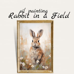 Spring Bunny Rabbit Printable, Wildflower Field Art Easter Print, Vintage Rabbit Painting Farmhouse Decor, Spring Decor Nursery, Field art