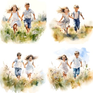 May include: Four watercolor paintings of children running through a field of flowers. The children are wearing casual clothing and are smiling. The paintings are set against a white background.