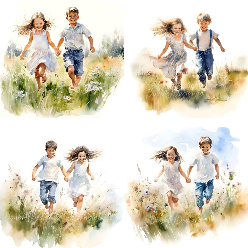 May include: Four watercolor paintings of children running through a field of flowers. The children are wearing casual clothing and are smiling. The paintings are set against a white background.