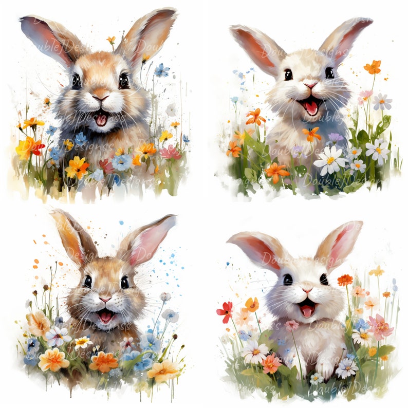 22 Smiling Bunny Clipart, Funny Rabbit, Printable Watercolor Clipart