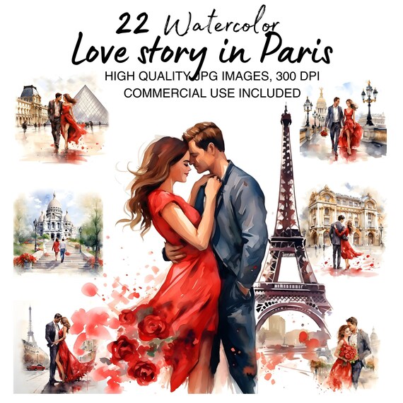 22 Romantic Couple Clipart, Love Story in Paris, Printable Watercolor clipart, High Quality JPG, Digital download, Paper craft, junk journal