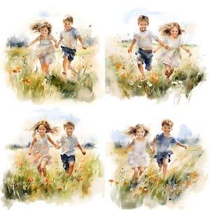 May include: Four watercolor paintings of children running through a field of wildflowers. The children are wearing casual clothing and holding hands. The paintings are set against a backdrop of a blue sky and green grass.