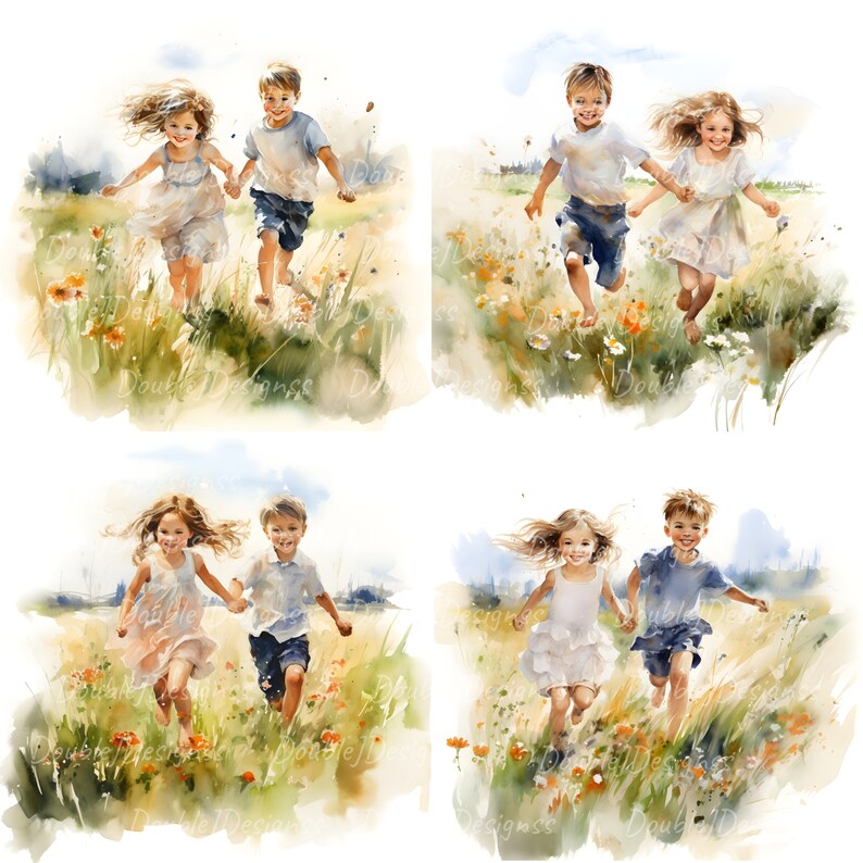 May include: Four watercolor paintings of children running through a field of wildflowers. The children are wearing casual clothing and holding hands. The paintings are set against a backdrop of a blue sky and green grass.