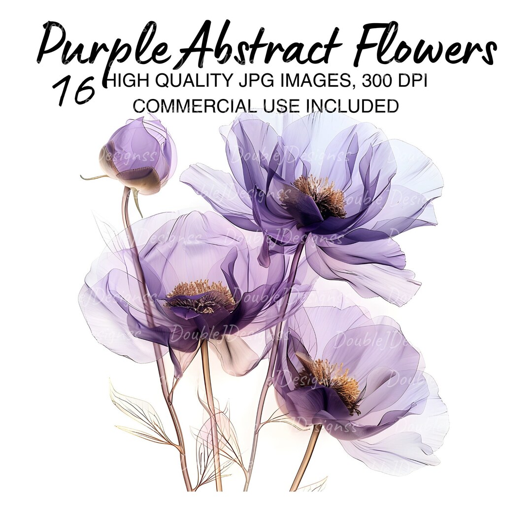 16 Abstract Flowers Clipart, Purple Flowers, Printable Watercolor ...