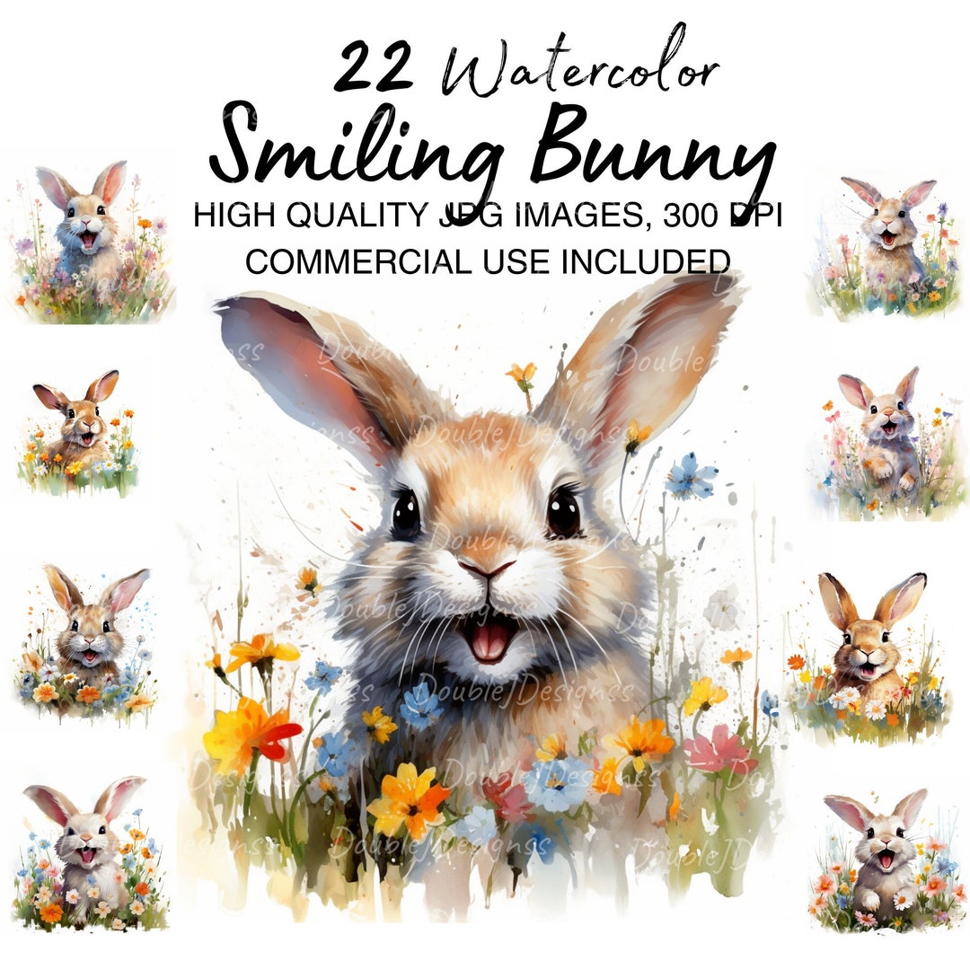 22 Smiling Bunny Clipart, Funny Rabbit, Printable Watercolor Clipart