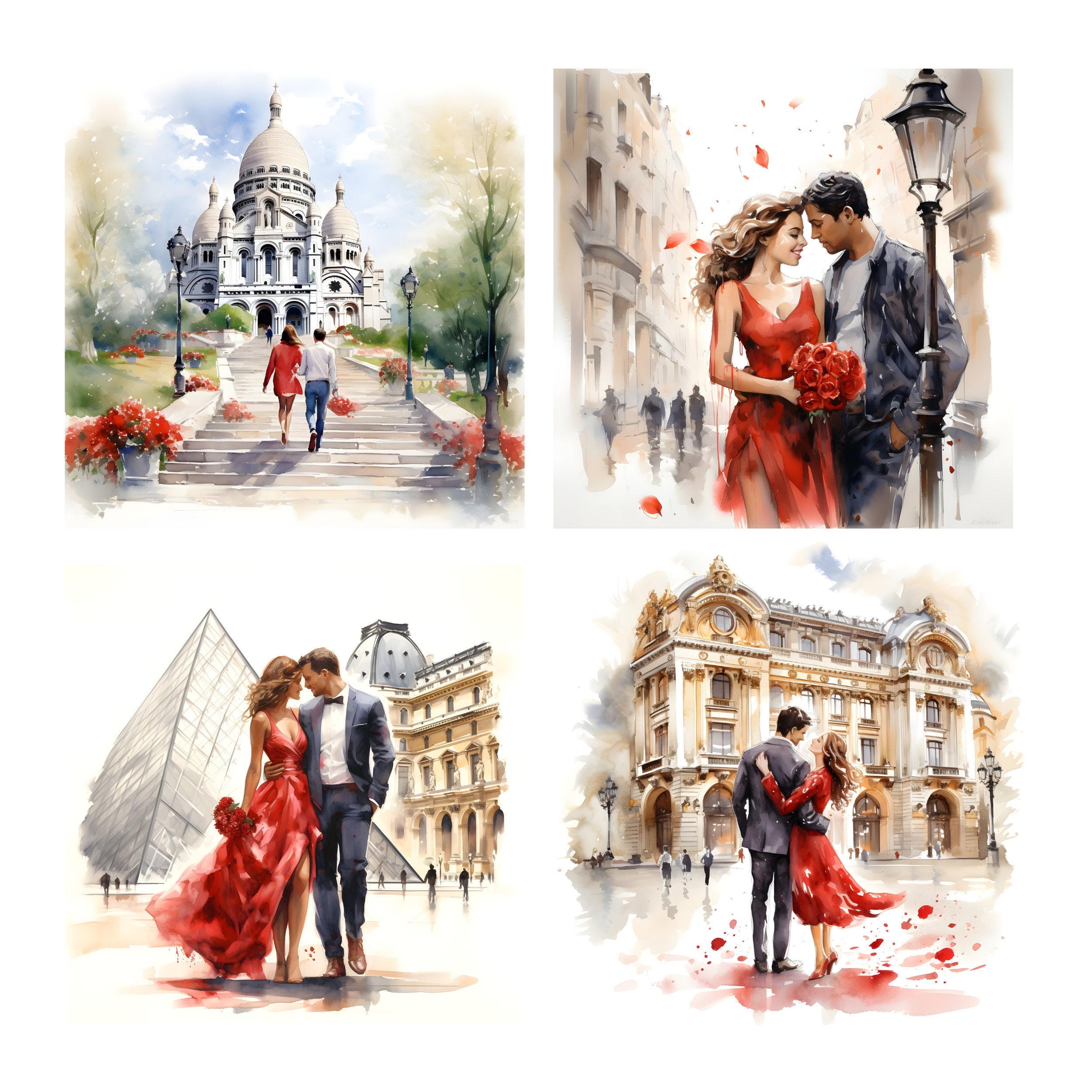 22 Romantic Couple Clipart, Love Story in Paris, Printable Watercolor Clipart, High Quality JPG ...