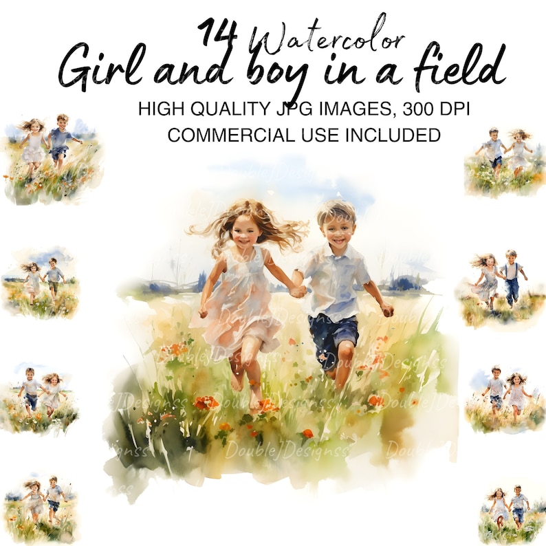 May include: A set of 14 watercolor illustrations of a girl and boy running through a field of flowers. The illustrations are in a soft, whimsical style and are perfect for adding a touch of nature to your projects.