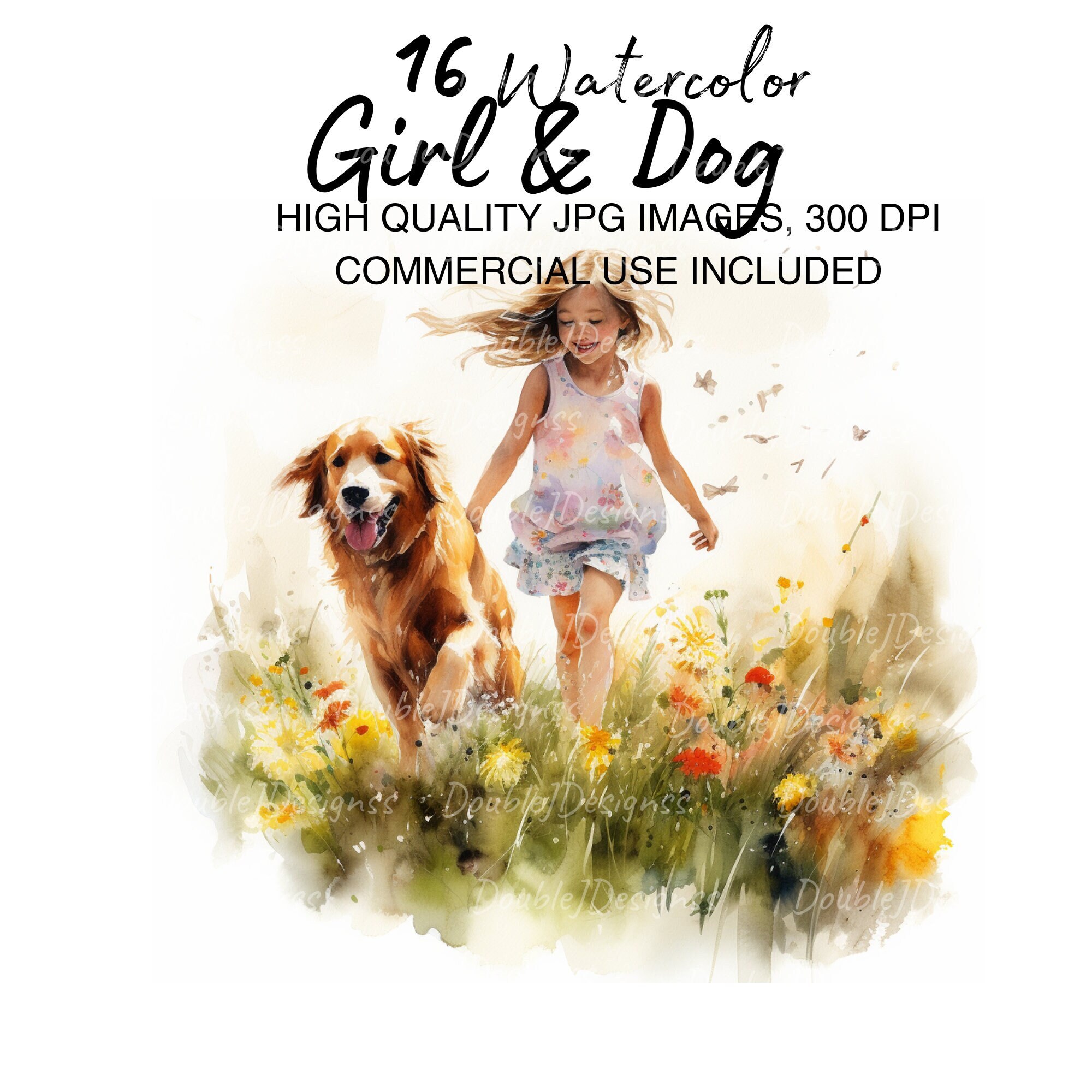 Little Girl walking with a Dog in a Field, Clipart Bundle, 16 High Quality Watercolor JPGs-Journaling, Scrapbook Supply, Digital Download