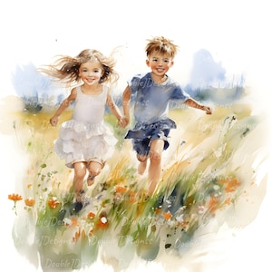 May include: A watercolor painting of a girl and boy running through a field of wildflowers. The girl is wearing a white dress and the boy is wearing a blue shirt and shorts. The background is a blurred watercolor of a field and sky.