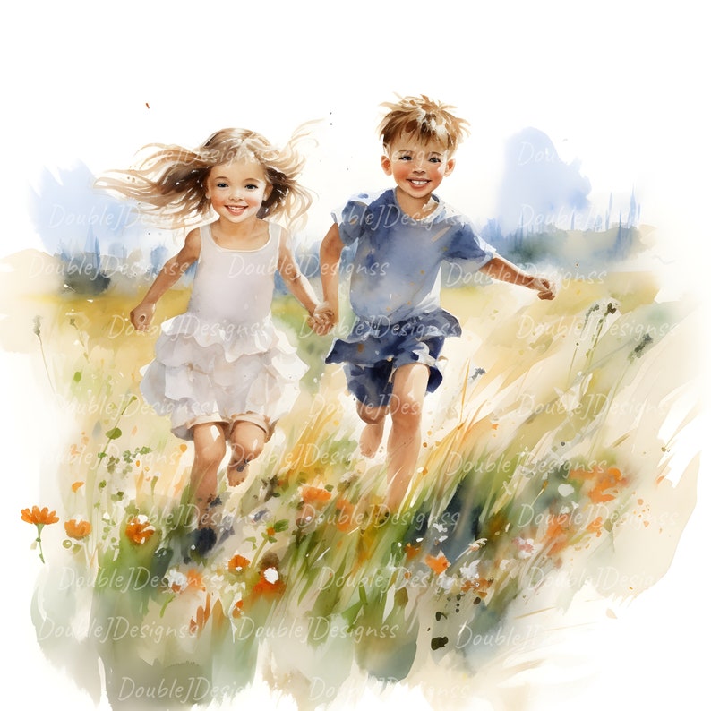May include: A watercolor painting of a girl and boy running through a field of wildflowers. The girl is wearing a white dress and the boy is wearing a blue shirt and shorts. The background is a blurred watercolor of a field and sky.