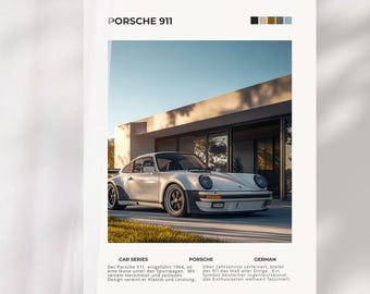Porsche 911 Wall Art Poster | Retro Sport Car Print + Minimalist Automotive Decor for Man Cave, Garage, Office or Gift for Classic Car Lover