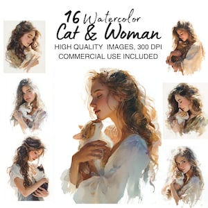 Watercolor Cat Woman Prints | 16 High-Res JPGs of Girls Holding Cats + Printable Art for Boho, Cozy, Feminine Home Wall Gallery Decor