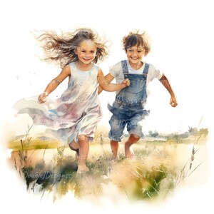 May include: A watercolor painting of a young girl and boy running through a field of tall grass. The girl is wearing a white dress with pink and purple watercolor accents. The boy is wearing blue overalls and a white shirt. The background is a watercolor wash of yellow and green.