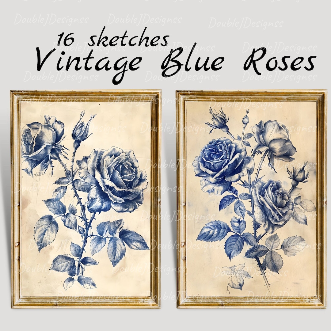 Antique Victorian Blue Rose Bouquet Sketch PRINTABLE, Vintage Floral ...