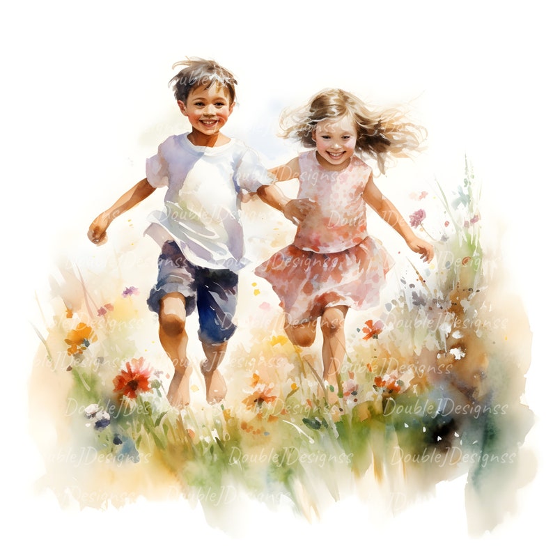 May include: A watercolor painting of a boy and girl running through a field of flowers. The boy is wearing a white shirt and blue shorts, while the girl is wearing a pink dress. The background is a soft watercolor wash of green and yellow.