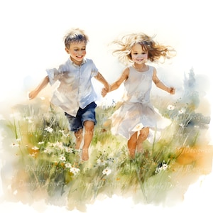 May include: A watercolor painting of a boy and girl running through a field of white flowers. The boy is wearing a white shirt and blue shorts, and the girl is wearing a white dress. They are holding hands and smiling.