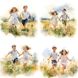 May include: Four watercolor paintings of children running through a field of flowers. The children are wearing casual clothing and are smiling. The paintings are done in a soft, romantic style.