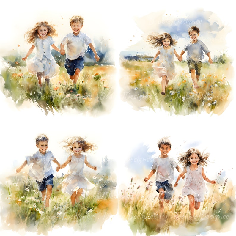 May include: Four watercolor paintings of children running through a field of flowers. The children are wearing casual clothing and are smiling. The paintings are done in a soft, romantic style.