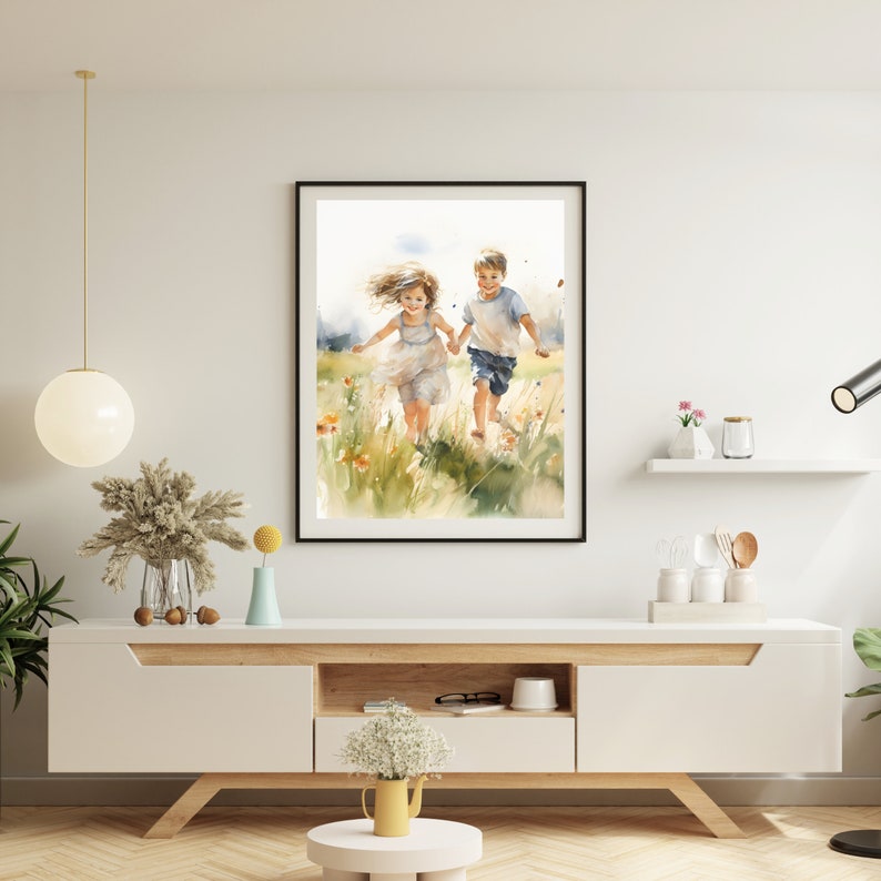 May include: Watercolor painting of a young girl and boy holding hands and running through a field of wildflowers. The girl is wearing a white dress and the boy is wearing a blue shirt and shorts.
