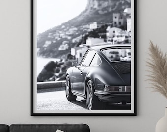 ACTUS インテリアポスター ブラックフレーム付き Black and White Porsche 911 Poster | Classic Car Wall Art for Men