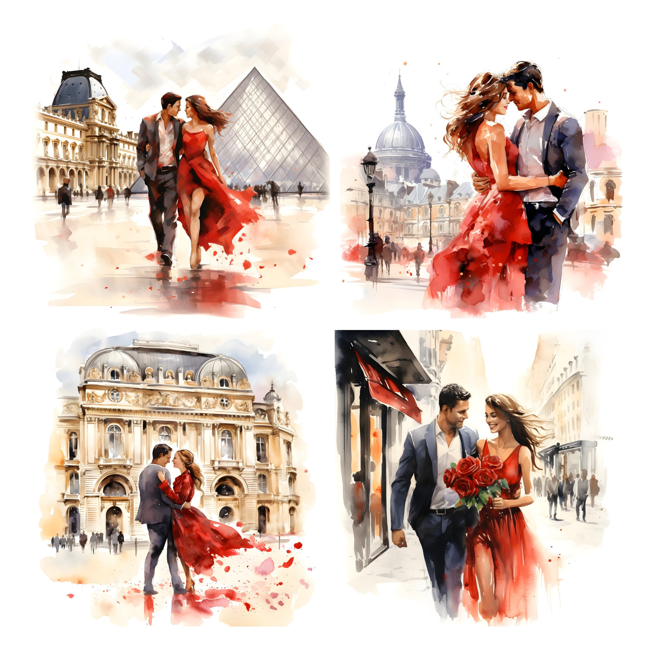 22 Romantic Couple Clipart, Love Story in Paris, Printable Watercolor Clipart, High Quality JPG ...
