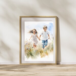 May include: A watercolor painting of a boy and girl running through a field of wildflowers. The boy is wearing a white shirt and blue jeans, and the girl is wearing a white dress. The painting is framed in a light wood frame.