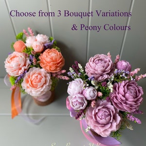 May include: Two soap flower bouquets, one in peach and the other in lavender, with the text "Choose from 3 Bouquet Variations & Peony Colours" and "Soap Bouquets UK" at the top and bottom of the image.
