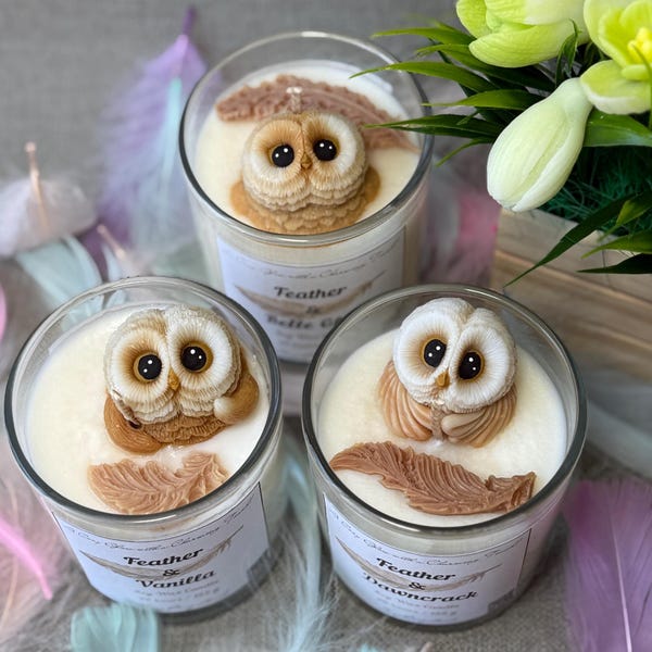 Vela de búho – Vela de soja perfumada hecha a mano – Un regalo adorable para amantes de los búhos y la naturaleza – 100% natural