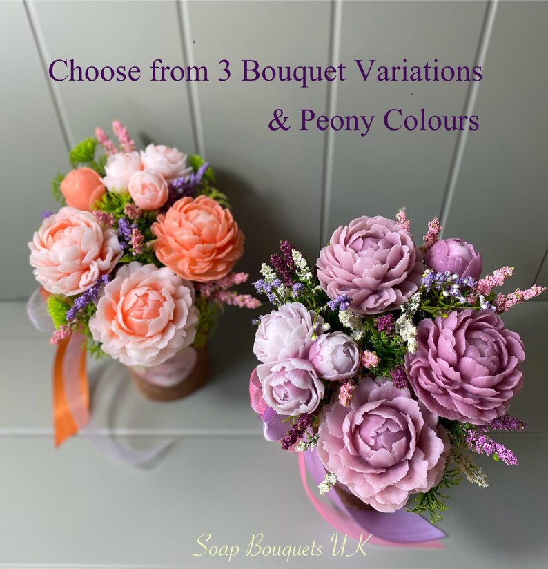 May include: Two soap flower bouquets, one in peach and the other in lavender, with the text "Choose from 3 Bouquet Variations & Peony Colours" and "Soap Bouquets UK" at the top and bottom of the image.
