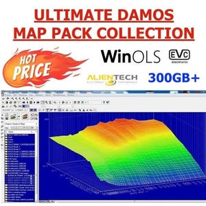 May include: A computer screen showing a 3D graph with a colour gradient. The text at the top reads "ULTIMATE DAMOS MAP PACK COLLECTION." Other text includes "WinOLS," "EVC electronic," "ALIENTECH ELECTRONIC PERFORMANCE," and "300GB+."