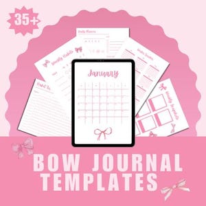 May include: A set of 35+ printable planner templates featuring a pink bow design. The templates include a monthly calendar, weekly habit tracker, daily planner, and weekly schedule.