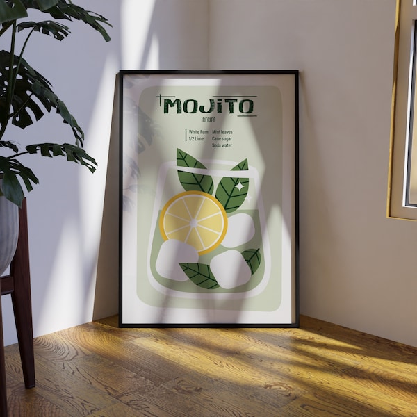 Affiche déco Cocktail Mojito - Poster illustration recette - Téléchargement instantané - Typographie aesthetic - Minimaliste retro